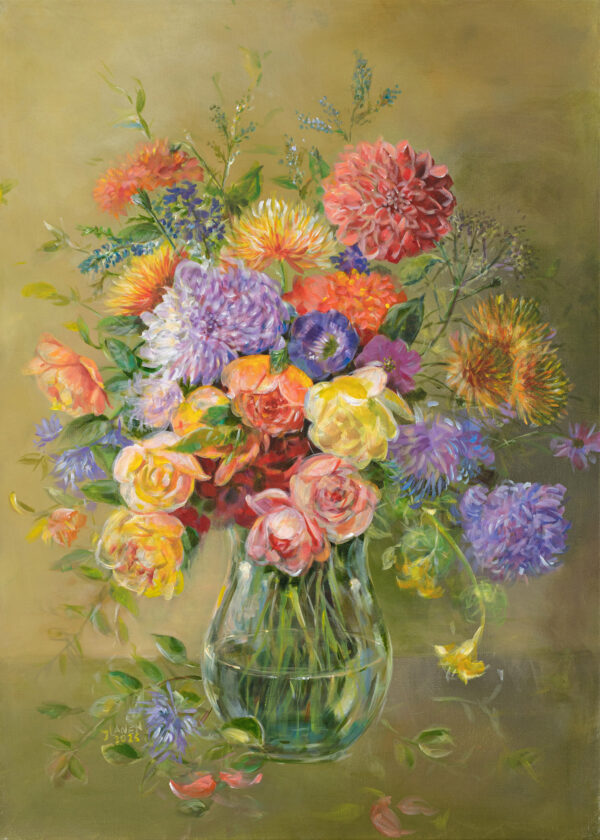 Enchanting flowers Geschilderd op linnen Formaat: 70 x 100 cm Geschilderd op linnen, ook de zijkanten zijn beschilderd Wordt geleverd met neutrale baklijst en kan meteen aan de muur. Dit schilderij kan op afspraak opgehaald/bezichtigd worden. GEEN VERZENDKOSTEN