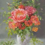 PeoniesGeschilderd op linnen Formaat: 70 x 100 cm Geschilderd op linnen, ook de zijkanten zijn beschilderd Wordt geleverd met neutrale baklijst en kan meteen aan de muur. Dit schilderij kan op afspraak opgehaald/bezichtigd worden. GEEN VERZENDKOSTEN