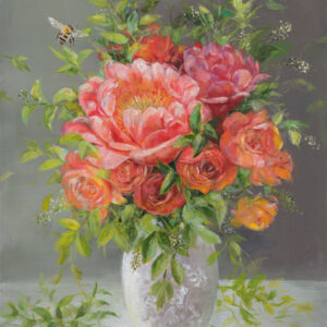 PeoniesGeschilderd op linnen Formaat: 70 x 100 cm Geschilderd op linnen, ook de zijkanten zijn beschilderd Wordt geleverd met neutrale baklijst en kan meteen aan de muur. Dit schilderij kan op afspraak opgehaald/bezichtigd worden. GEEN VERZENDKOSTEN