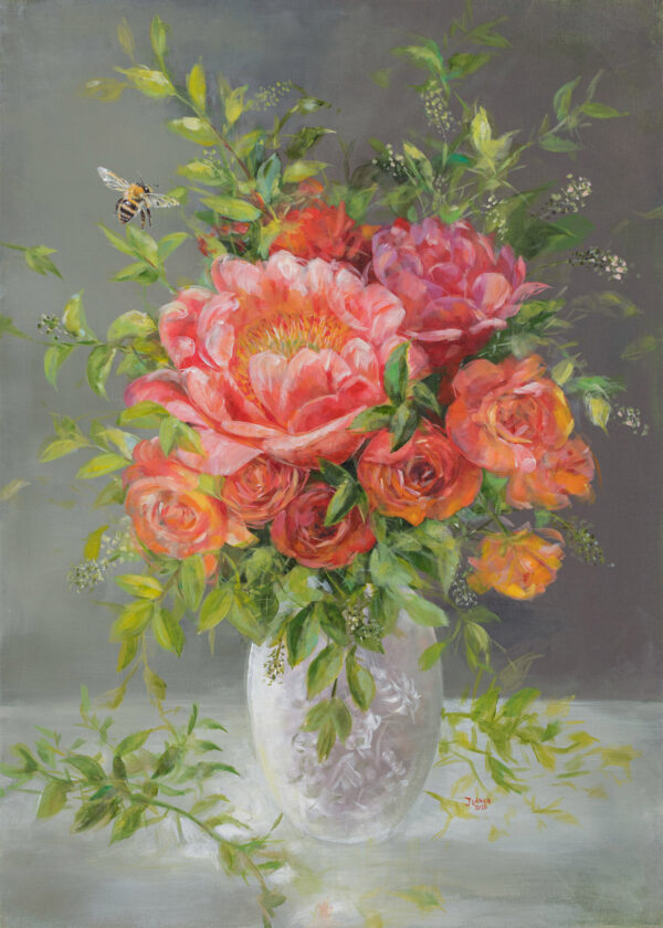 PeoniesGeschilderd op linnen Formaat: 70 x 100 cm Geschilderd op linnen, ook de zijkanten zijn beschilderd Wordt geleverd met neutrale baklijst en kan meteen aan de muur. Dit schilderij kan op afspraak opgehaald/bezichtigd worden. GEEN VERZENDKOSTEN