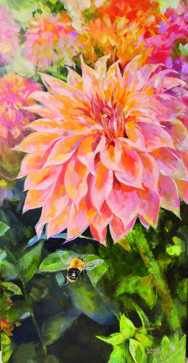 Dahlia Geschilderd op linnen Formaat: 50 x 100 cm Geschilderd op linnen, ook de zijkanten zijn beschilderd Wordt geleverd met neutrale baklijst en kan meteen aan de muur. Dit schilderij kan op afspraak opgehaald/bezichtigd worden.